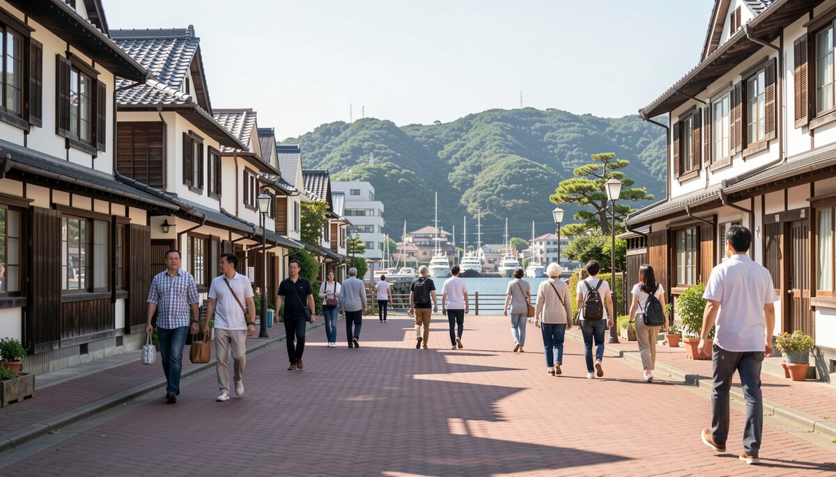 A narrow stone channel of steaming hot spring water running beside a wooden bathhouse wall in a mountain town, morning light catching the steam, shot low and close with wet cobblestones in the foreground.