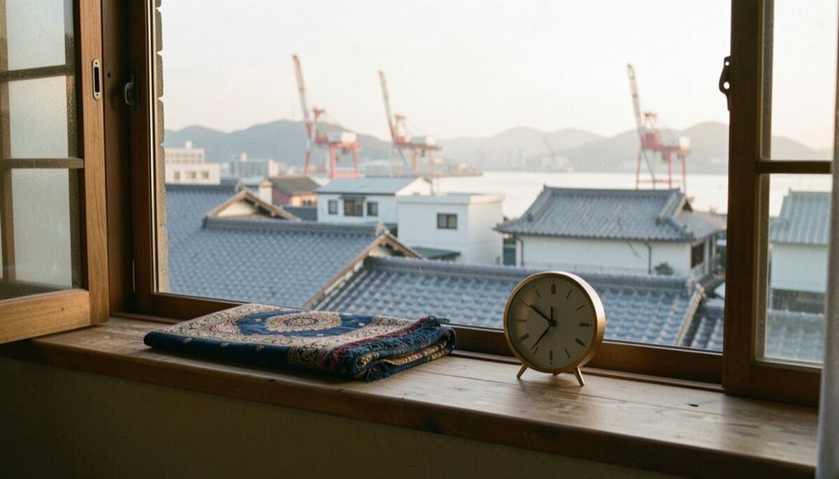 Folded prayer mat and a small analog clock with plain tick marks on a guesthouse windowsill at dawn, pale light over tiled rooftops, hills and harbor cranes