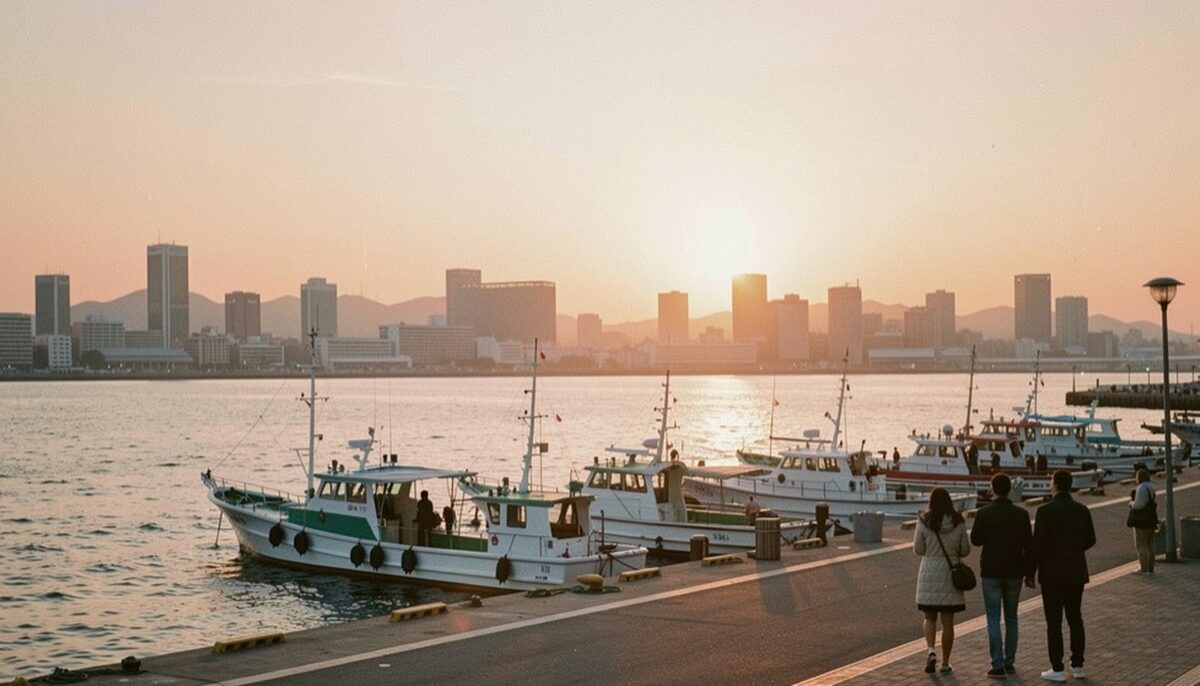 Sun setting behind a harbor skyline across the bay, moored fishing boats and a few walkers on the waterfront promenade in warm orange light